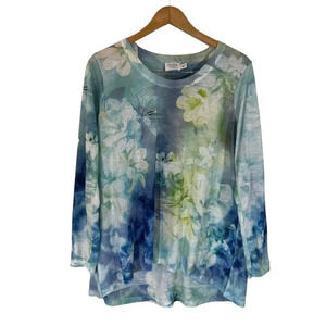 Time and Tru Watercolor Rhinestone Studded Top Large Floral Butterfly Bling Thin